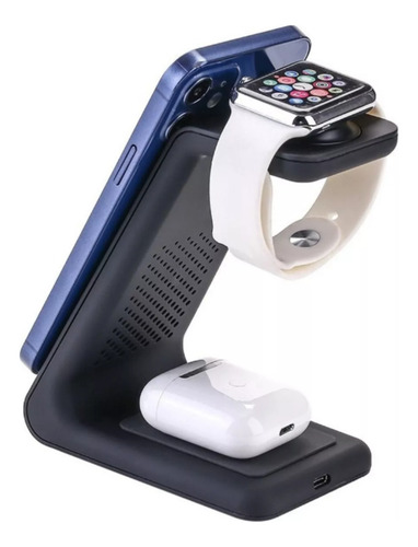 Carregador Sem Fio Indução 3 Em 1 Turbo 20w Para iPhone Cor Preto
