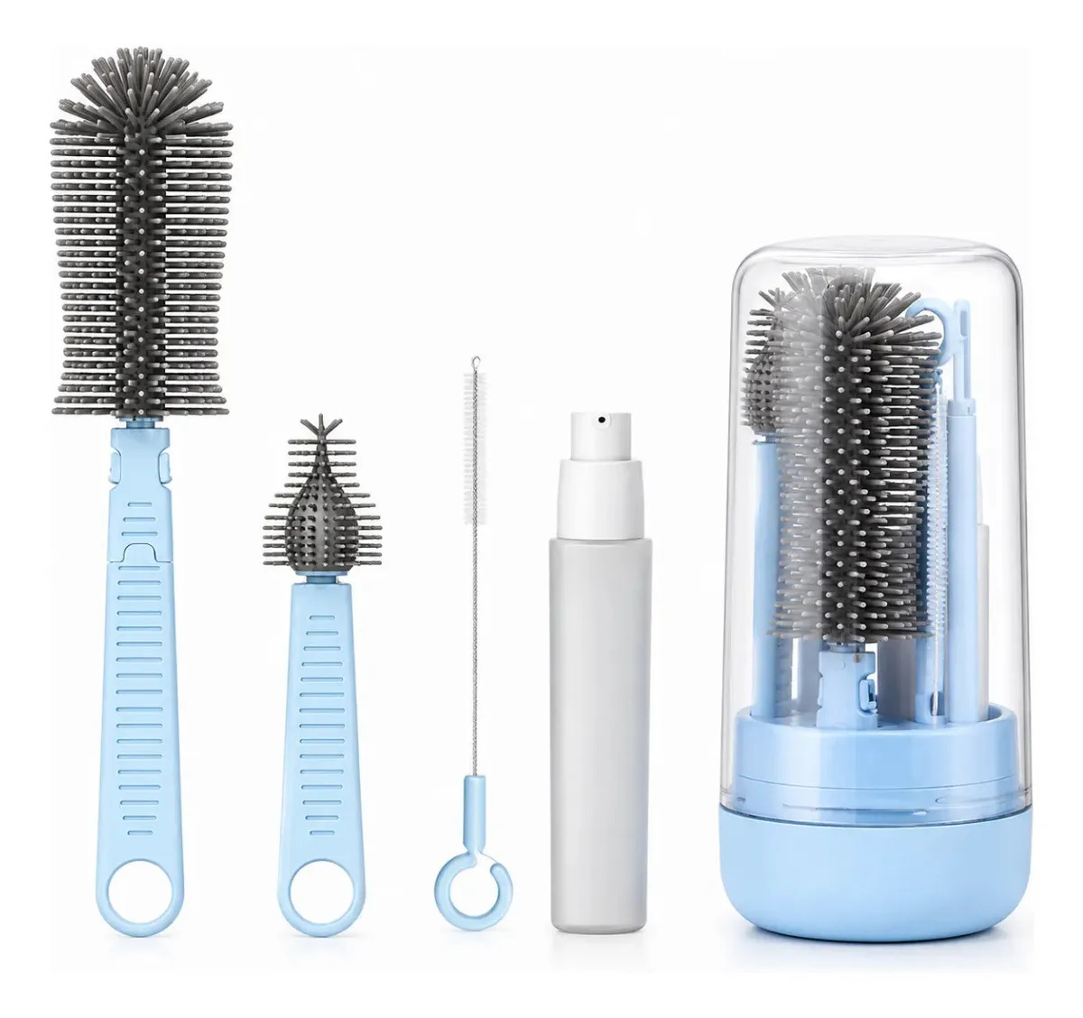 Kit Escova De Limpeza Garrafas Mamadeiras Bicos Portátil Cor Azul