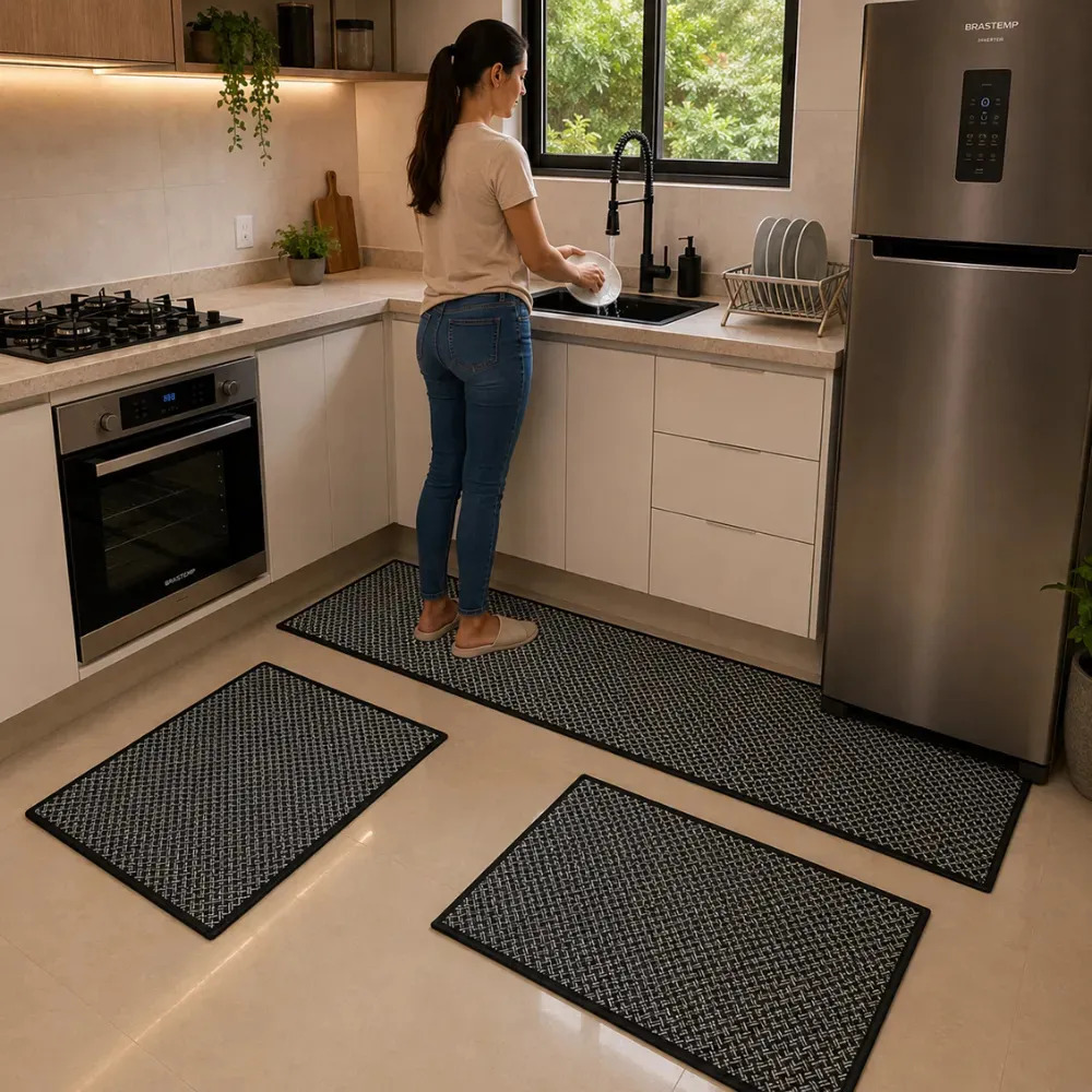 Jogo Tapetes Cozinha Sofisticada 3 Peças Lavável Trançado Preto