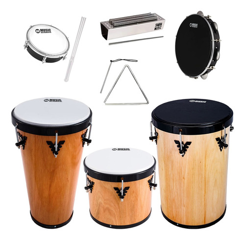 Kit Percussão Pandeiro Rebolo Reco Triangulo Timba Tamborim