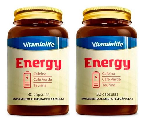 2x Energy Cafeína Café Verde E Taurina 30 Caps - Vitaminlife Sabor Sem Sabor