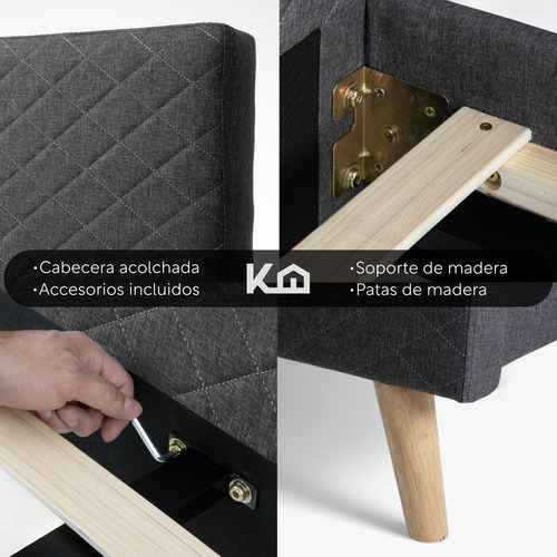 Base Para Cama Individual y Cabecera Con Tapizado Estructura Metal Madera Box Gris KingsHouse
