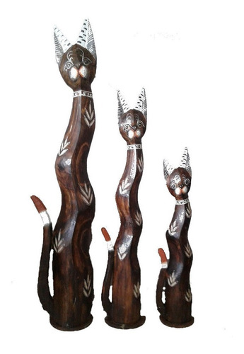 Set Estatuas Gatos Madera De Albesia Pintados A Mano