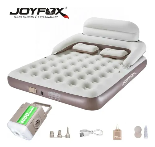 Colchão Inflável Queen Size Com Bomba Inflável De Bateria De Lítio 203*152*24 Cm, Com Encosto Removível Para Proteção Do Pescoço, Da Lombar E Das Costas Joyfox Cinza
