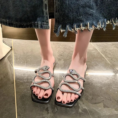 Sandalias Con Estampado De Serpiente Y Tacón Plano, Zapatill