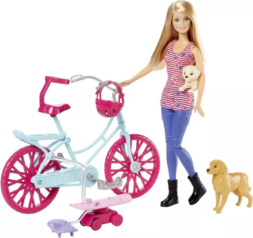 Boneca Barbie Bicicleta Com Pets Cachorros Acessórios Mattel