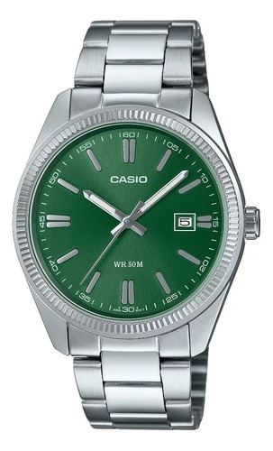 Reloj Casio Mtp-1302d-3avcf Para Caballero Color de la correa Plateado Color del bisel Plateado Color del fondo Verde oscuro