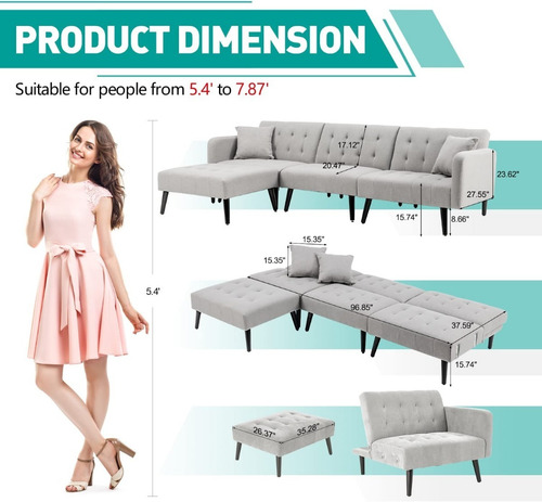 Sofa Cama Convertible Forma L Ajustable Griscl Marca Gyutei