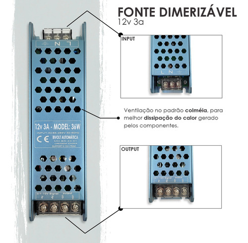 Fonte Driver Dimerizável Para Fita Led 36w 12v 3a Slim