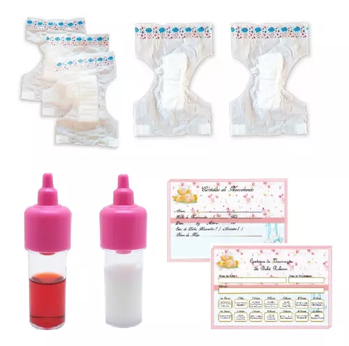 Kit Acessórios Para Bebe Boneca Reborn Menino Azul - Fralda Certidão Vacina  Mamadeiras