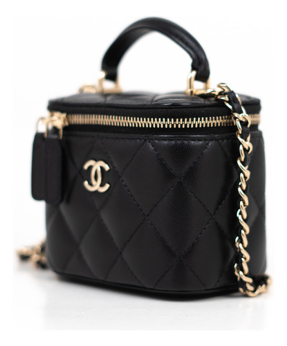 Mini Bolso Chanel Vanity Original Con Certificado Entrupy Negro Acolchado Metal Negro/plata (Usado)