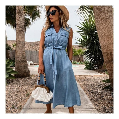 Vestido Vaquero Sin Mangas De Una De Botones For Mujer