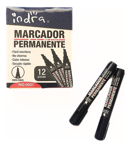 12pz Marcador Permanente Indra Color Negro Punta Cincel