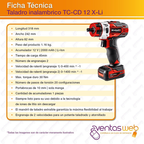 Imagen 5 de 7 de Taladro Atornillador Inalambrico Einhell Kit Bateria 12v 2ah