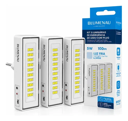 Kit 3 Luminária De Emergência 30led 1w Bivolt Blumenau 6500k Branco 127/220v