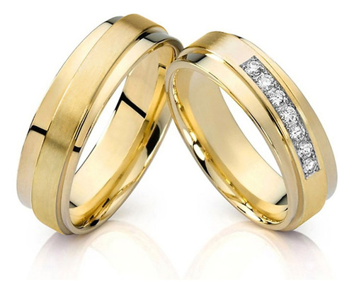 Par Alianças De Ouro 18k Retas Com 7 Diamantes 6mm 13gr