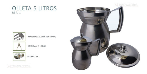 Imagen 2 de 2 de Olleta En Acero304 Capacidad 5 Litros Con Tapa Innovaceros