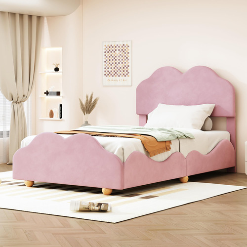 Tulib Kids Twin Platform Bed With Cloud Shaped Headboard An.