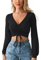 Comprar Blusa Crop Top Manga Larga Cuello V Cordón Frontal Fruncido