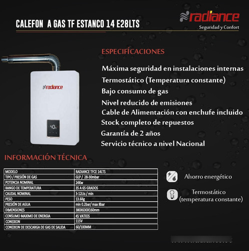 Imagen 3 de 3 de Calefón A Gas Radiance T Forzado 14e 28lts Garantía 2 Años