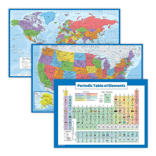 3 Pack - World & Usa Map Poster Set + Tabla Periódica De La 