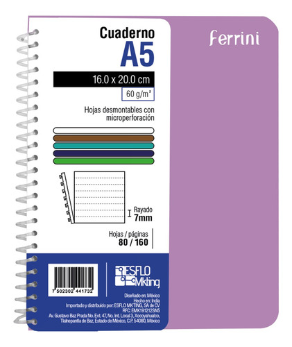 Cuaderno Poly Ferrini Espiral Europeo Libreta 80h Raya A5