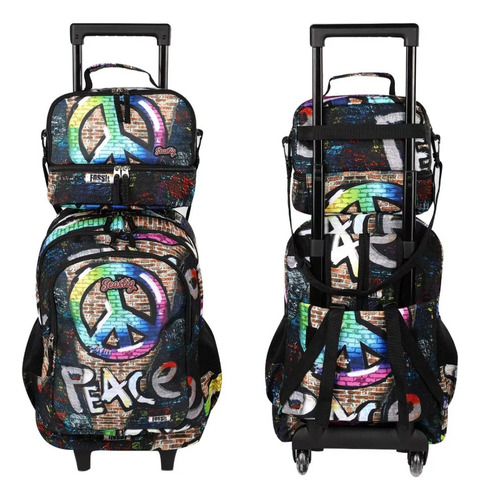 Kit Mochila Escolar Con Ruedas Marca Seasting Negro Grafiti