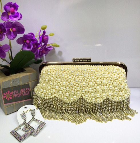 Bolsa Festa Clutch Pérola Strass Carteira Alca Corrente Tran