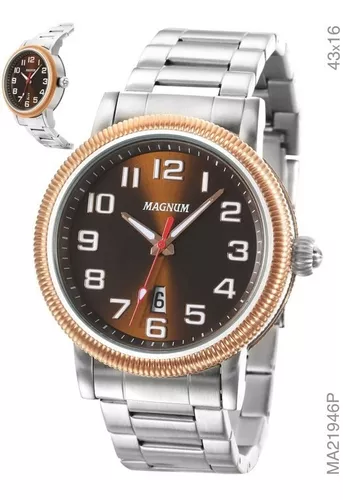 Relógio Magnum Masculino Prata Kit Pulseira Couro Ma21946c