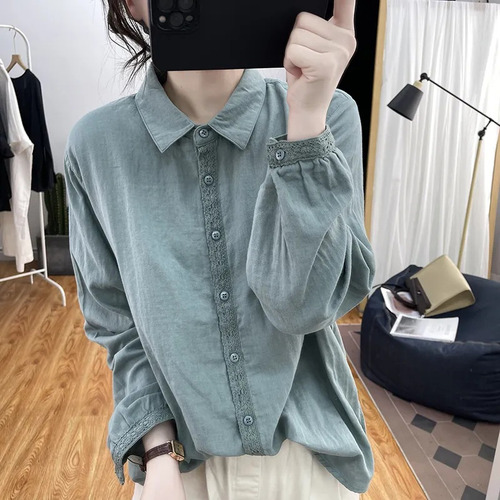 Camisa De Manga Larga Con Encaje Y Algodón Para Mujer
