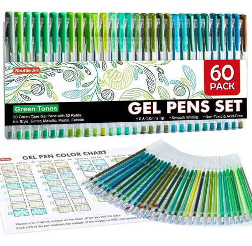 Paquete De 60 Bolígrafos De Gel Tonos Verdes, 30 Bolí...