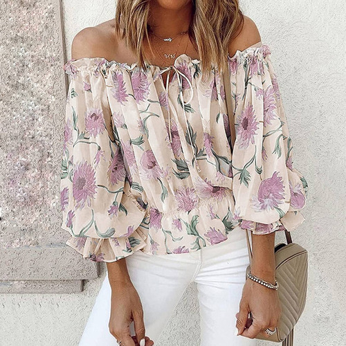 Blusa Casual Elegante Con Estampado Floral Y Manga Con Volan