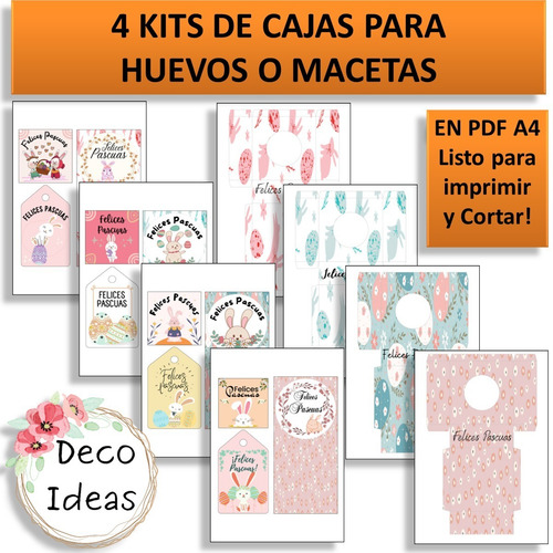 Imagen 2 de 6 de Kit Imprimible 03 Pascuas Caja Porta Huevo O Maceta + Tag