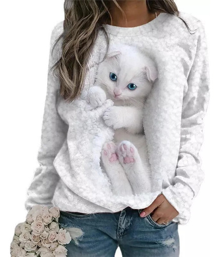 Playera Ancha Casual Estampado De Gato En 3d De Manga Larga