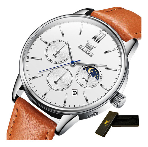 Relógio cronógrafo Olevs Calendar, pulseira de couro e quartzo, cor: laranja/branco