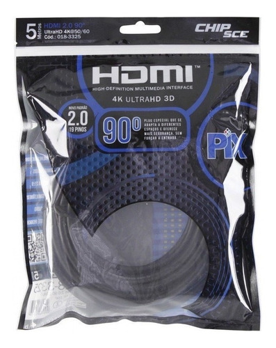 Cabo Hdmi 90 Graus 5 Metros 2.0 3d 4k 19 Pinos Pix 018-3325