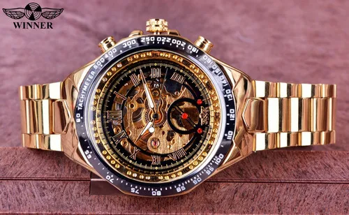 Reloj Winner Mechanical Sport Gold Watch para hombre correa de