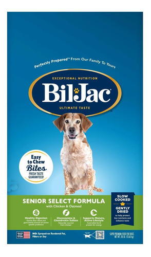 Alimento Bil Jac Senior Select Formula para perro senior todos los tamaños sabor pollo y avena en bolsa de 15lb