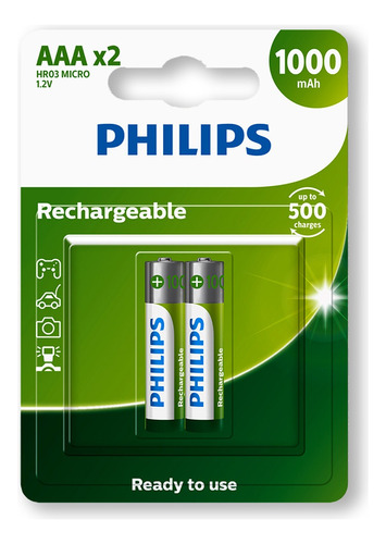 02 Pilhas AAA Philips Recarregável 1000mah 3A Palito 1 Cartela