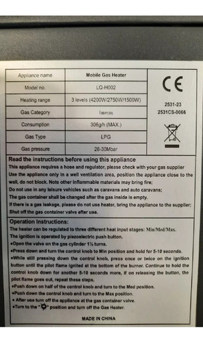 Estufa A Gas Calefactor Con Regulador - Gas De 11 O 5 Kgs