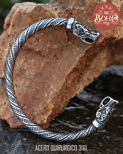 Pulsera Torque Vikinga Fenrir Lobo Dragon Acero Quirurgico Plateado 7 Cm 22 Cm