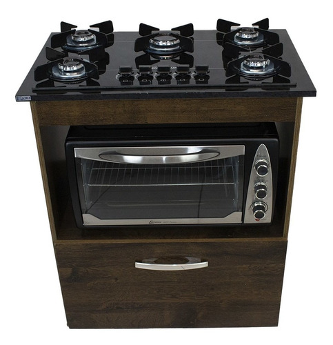 Kit Balcão Salvia Ipê Cooktop Preto 5 Bocas Forno 48 Plus