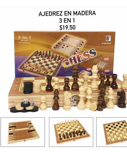 Tablero De Ajedrez En Madera 3 En Uno $19.50