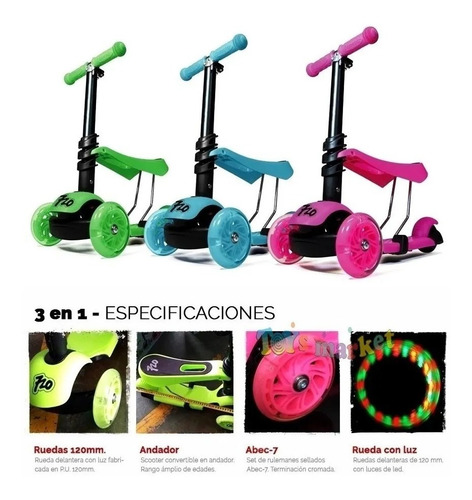 Imagen 3 de 5 de Monopatin 720 Andador Scooter 3 En 1 Luces Pata Pata Niños
