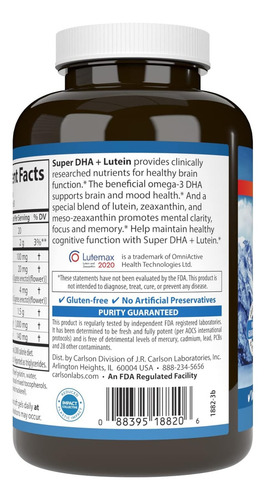 Carlson Labs Super Dha Plus 1000mg, Luteina 20mg 120caps Sabor Sin Sabor