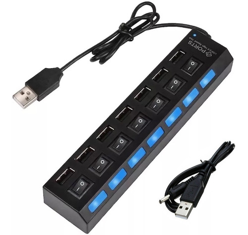 Hub Usb Multiplicador 7 Puertos Usb Con Teclas Y Leds Azules