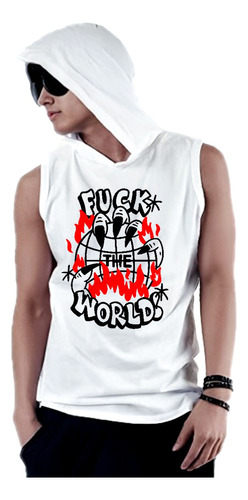 Remera Musculosa Con Capucha Fuck*ng Wolrd Street Graffitti