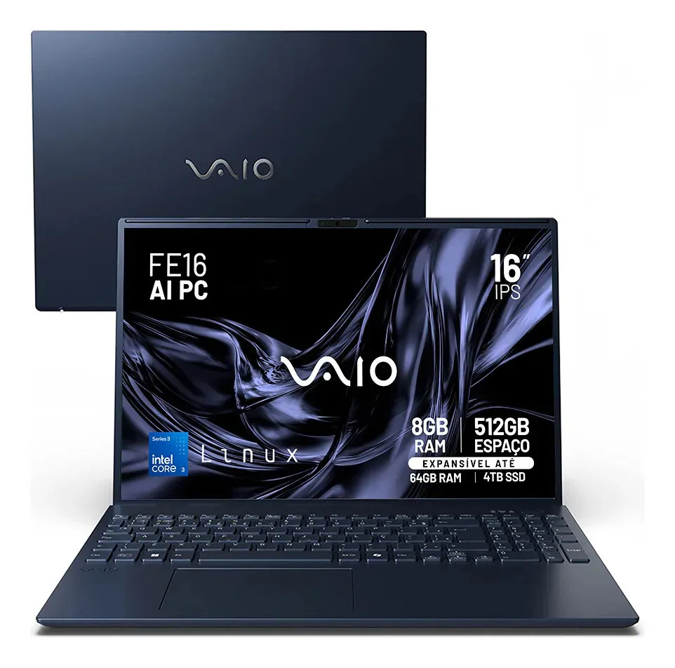 Notebook VAIO FE16 AI PC Intel Core 3 304 8GB RAM 512GB SSD Linux DDR5 Wi-Fi 6 Tela 16" WUXGA IPS An...