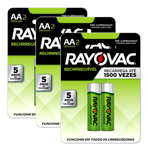 06 Pilhas Aa Recarregável 1350mah Rayovac 3 Cartelas