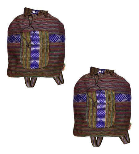 Mochila Artesanal Hecha A Mano, Mxhui-002, 2 Pzas, 10kg, Mor Color Morado/ Azul/ Rojo